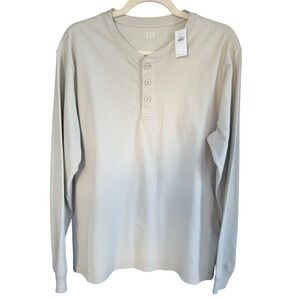 NTW Y2K GAP Henley‎ Shirt Long Sleeve Casual Button Up Top Mens Beige Small